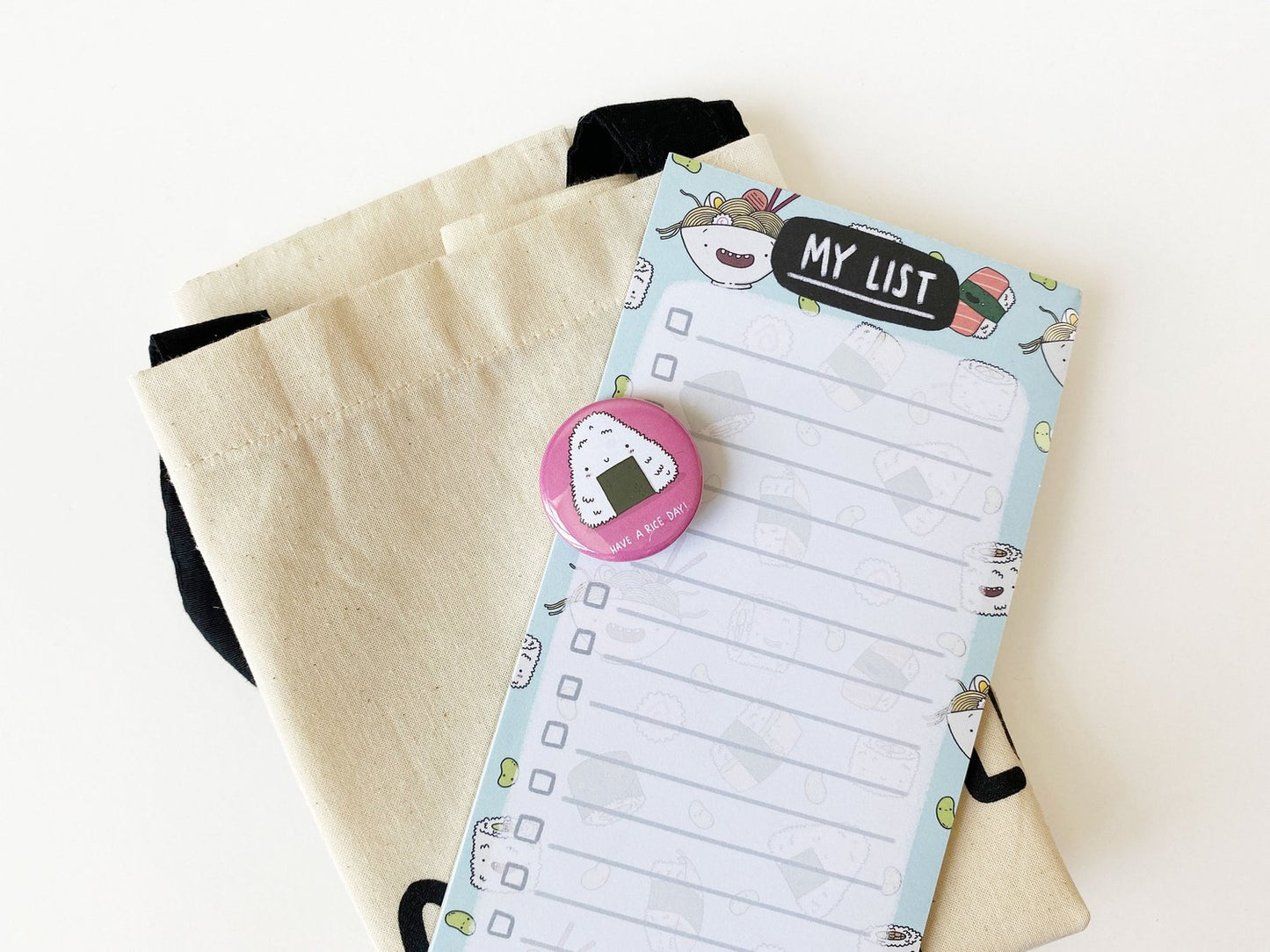 Sushi Tote Bag, List Pad & Badge Bundle