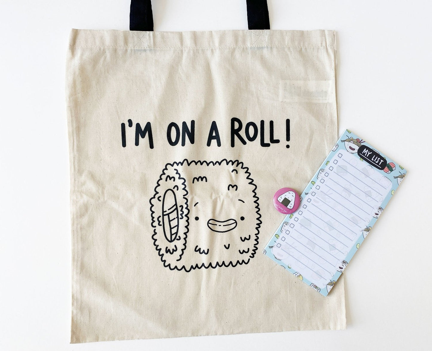 Sushi Tote Bag, List Pad & Badge Bundle