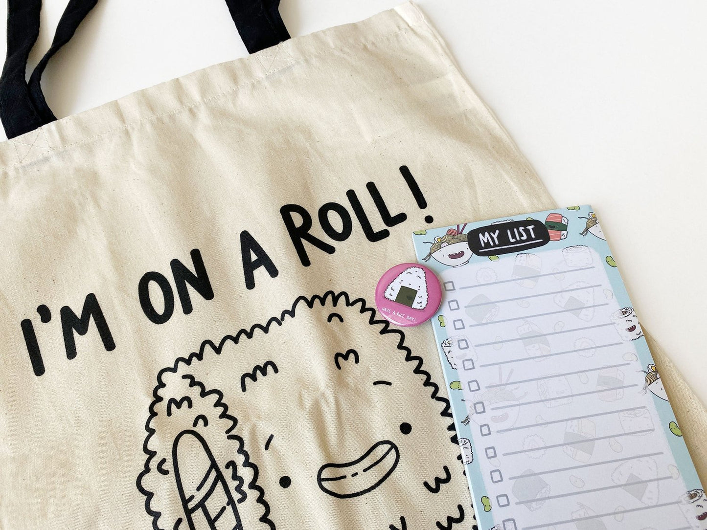 Sushi Tote Bag, List Pad & Badge Bundle