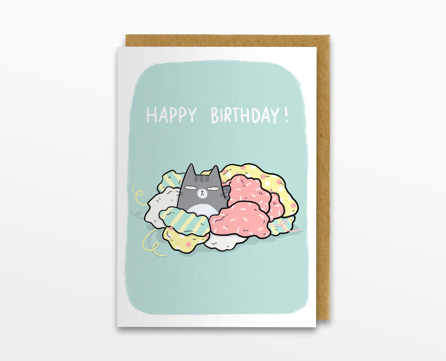 Happy Birthday Cat In Wrapping Paper Card