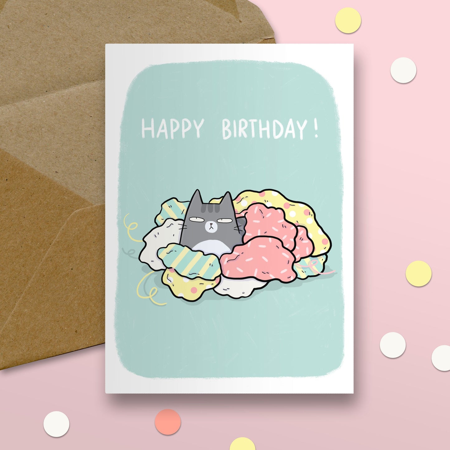 Happy Birthday Cat In Wrapping Paper Card