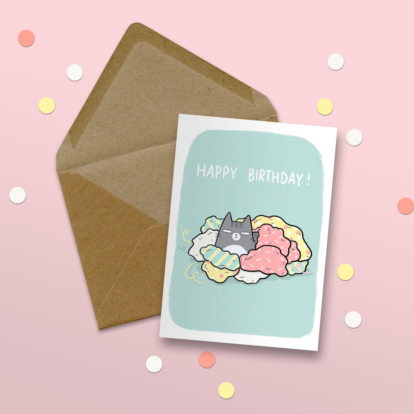 Happy Birthday Cat In Wrapping Paper Card