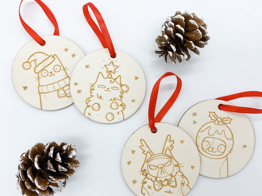 Set Of 4 Cat Christmas Ornaments