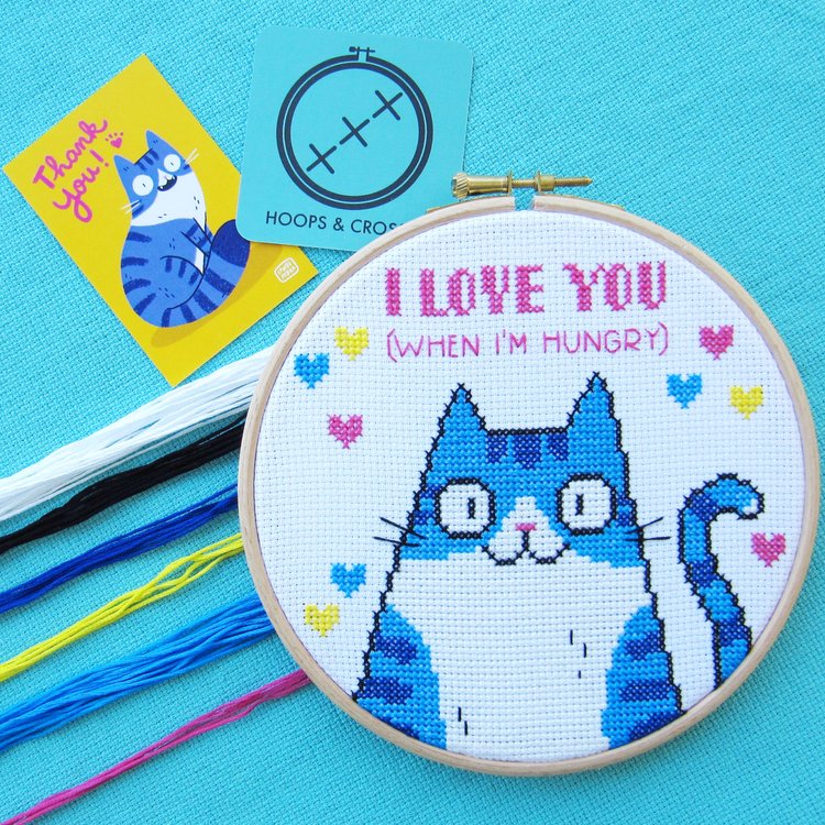 Cat Cross Stitch Kit - I Love You (When I'm Hungry)