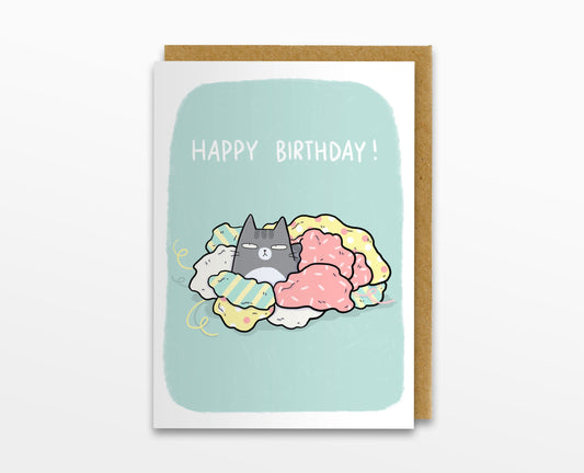 Happy Birthday Cat In Wrapping Paper Card