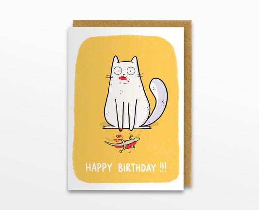 Happy Birthday Card, Cat And Dead Lizard Greeting Card, Cat Card, Funny Birthday Card